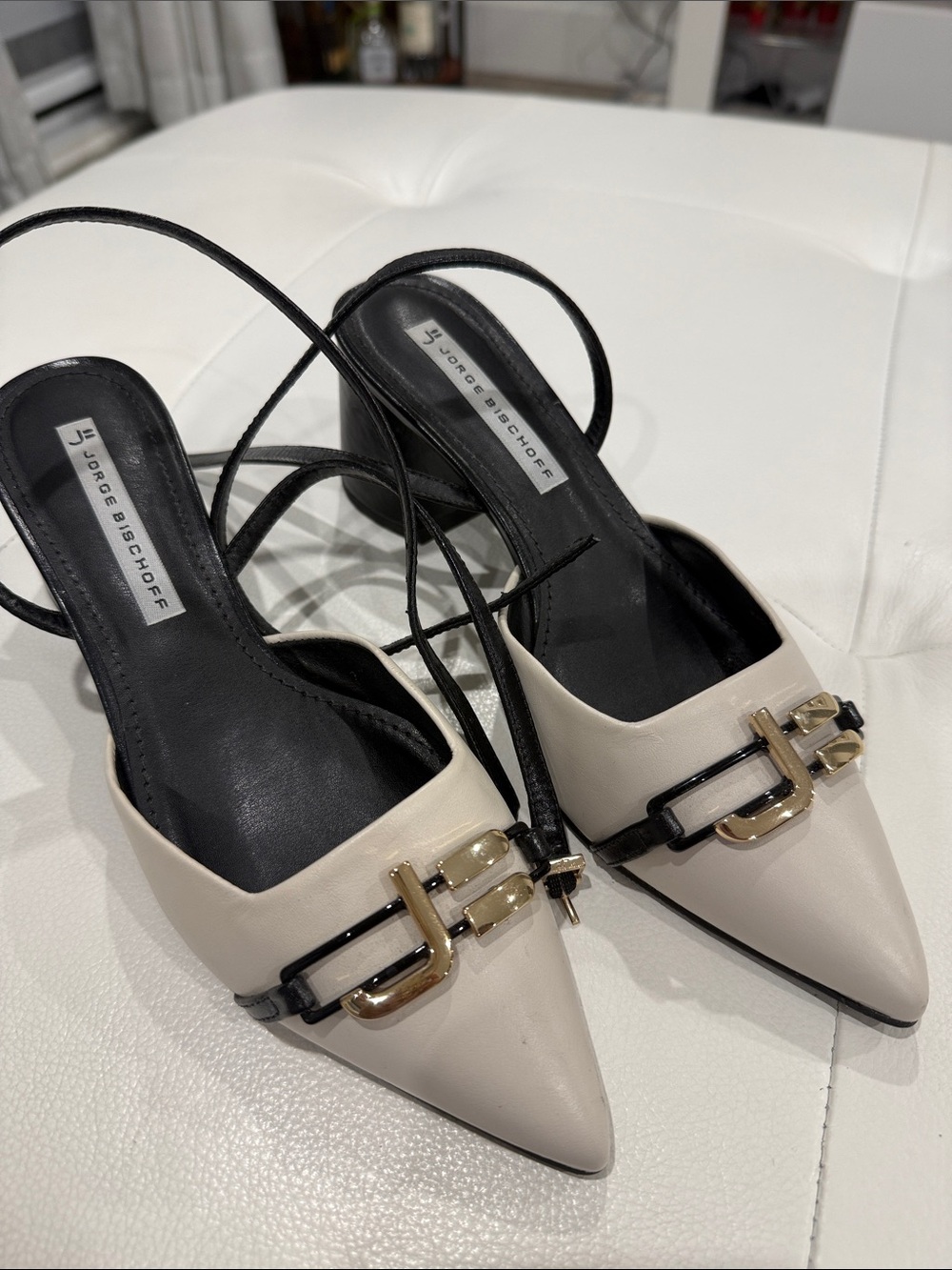 Cream Pointed Slingback Mules with Gold Buckle